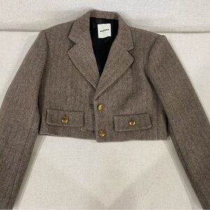 Sandro Cropped Herringbone Blazer in Taupe Brown with Gold Buttons